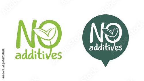No additives sign for healthy natural food products composition labels - vector isolated pictogram in 2 variations with eco-friendly plant leaf