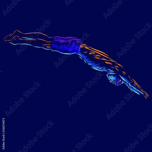 Man swimming line pop art potrait logo colorful design with dark background. Abstract swimmer vector illustration. Isolated black background for t-shirt, poster, clothing, merch, apparel, badge design