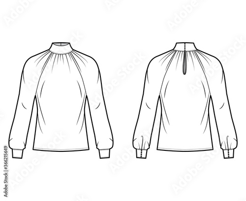 High-cut neck blouse technical fashion illustration with long sleeves with cuff, loose fit, button-fastening keyhole at back. Flat apparel shirt template front back white color. Women men unisex CAD