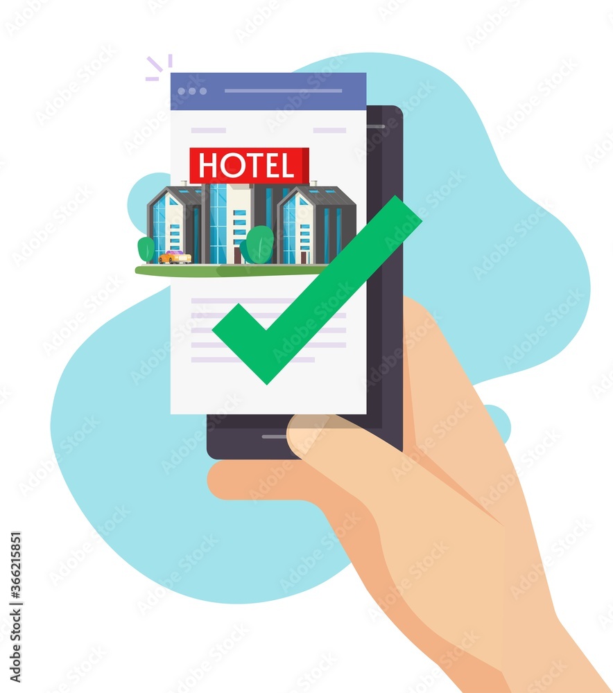 Hotel online booking via mobile phone app or person reserve motel apartment on internet web page smartphone cellphone screen vector flat cartoon illustration modern trendy design Hotel online booking via mobile phone app or person reserve motel apartment on internet web page smartphone cellphone screen vector flat cartoon illustration modern trendy design