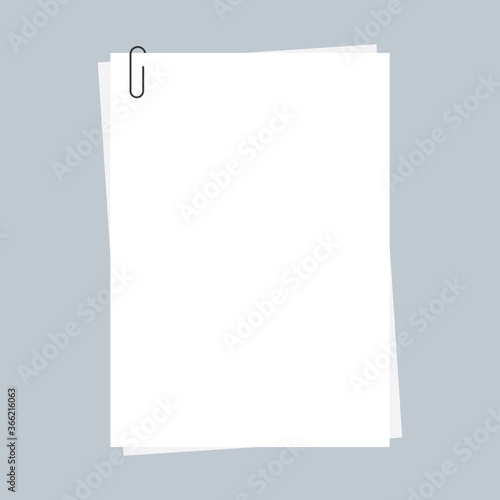 Blank white paper with black paper clip. Flat vector illustration.