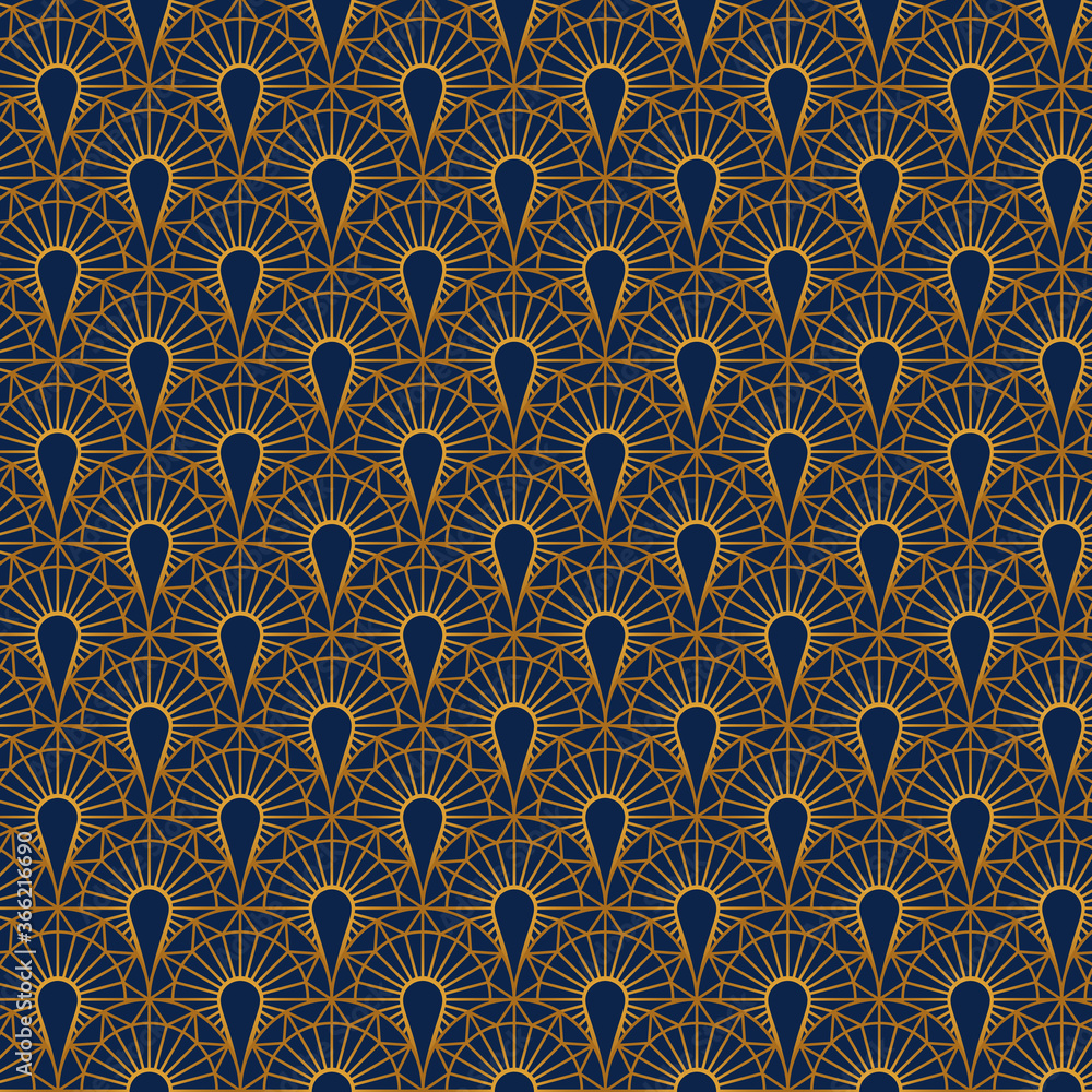 A seamless art Deco pattern is depicted on a dark blue background. Art Deco geometric gold seamless texture.
