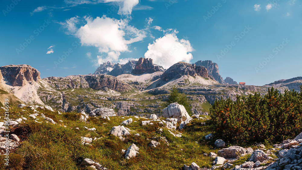 Wonderful Sunny Landscape of Dolomites Alps. Wonderful Sunny View of summer landscape in Dolomites Alps. Tre Chime di Lavaredo Nature Pack. Italy. Popular Travel dectinations