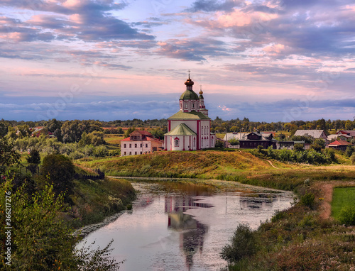 Vladimir sity with Russian orthodox churches, river, residential houses and trees in summer