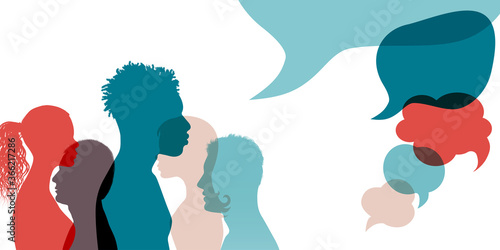 Silhouette heads face international people in profile talking and communicating. Speech bubble. Communication. Communicate share ideas information on social networks.Multiethnic community