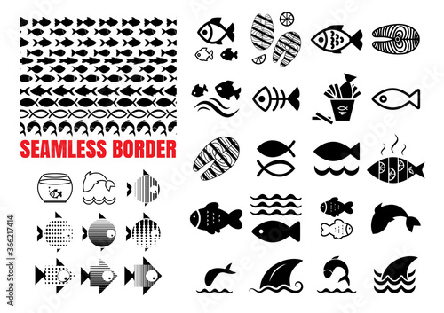 Fish Icon and Waves Borders Collection Isolated