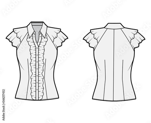 Ruffled shirt technical fashion illustration with sharp collar, fluttery ruffles short sleeves, fitted body. Flat apparel template front back grey color. Women, men unisex garment mockup for designer