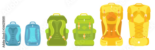Backpack size. Baggage scale. Camping backpack bag set. Trekking knapsack. Small medium and large. Flat vector.