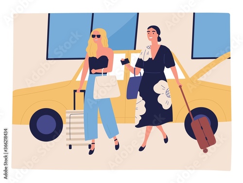 Happy women going on vacation with baggage near yellow taxi. Depart, arrival to airport. Girls in hurry for journey, trip, holiday with luggage. Summer tourism in flat vector cartoon illustration