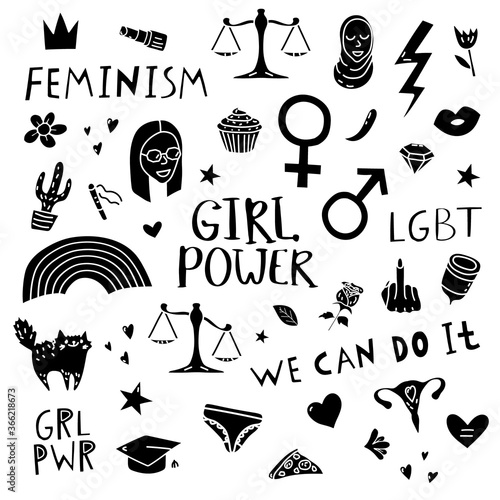 Big simple feminism set with protest symbols and text. Vector black icons for web design