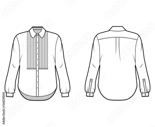 Shirt technical fashion illustration with bib, button down front opening, round collar, long sleeves with cuff, oversized body. Flat apparel template front back white color. Women, men unisex mockup