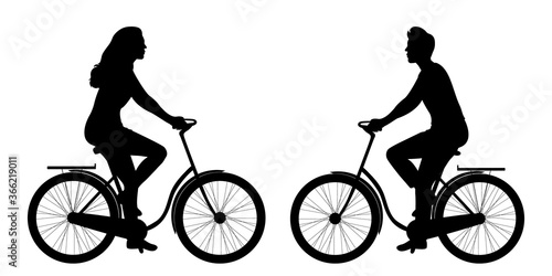 Silhouettes of a man and a woman on a bicycle isolated on a white background. Sports and outdoor activities. Healthy lifestyle. Vector illustration