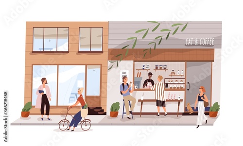 Male vendor work at outdoor coffeeshop on modern city street vector flat illustration. Man and woman eating and buying coffee and snack in cat cafeteria isolated. Kiosk with takeaway food and drink
