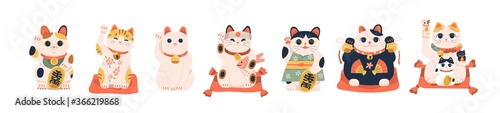 Set of different Japanese lucky cat maneki neko vector illustration. Collection of cute oriental feline figure with raised paw for attracting money and luck isolated. Traditional Asian toy symbol
