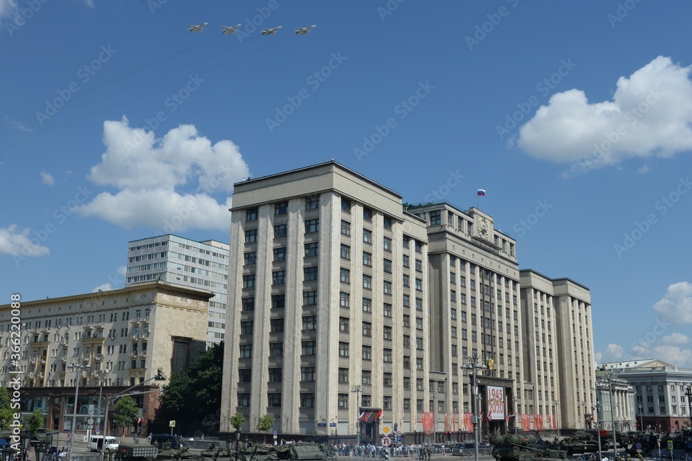 Group of tactical front-line bombers with variable sweep wing Su-24M (Fencer) in the skies over Moscow during the parade dedicated to the 75th anniversary of Victory Group of tactical front-line bombers with variable sweep wing Su-24M (Fencer) in the skies over Moscow during the parade dedicated to the 75th anniversary of Victory
