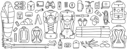 Camping set. Hiking equipment kit. Tourism travel adventure. Trekking. Vector illustration. Contour black line.