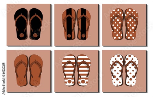 Set of colorful flip flops, beach sandals. Different coconut fruit patterns, stripe, icon, etc. Flat Design Vector Illustration.