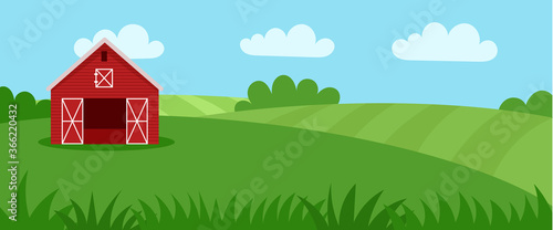 Country farm house on a green meadow, agricultural construction. Flat vector illustration on a background of blue sky with clouds.Cartoon rural landscape panorama field.Banner for website