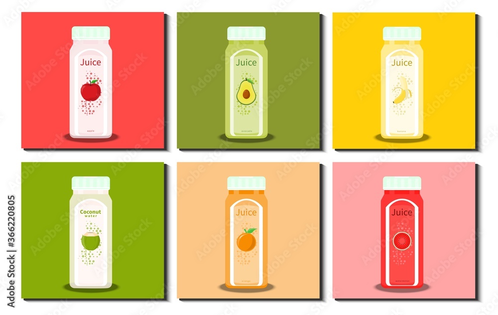 Set of various square juice bottle. Apple, Avocado, Banana, Coconut, Orange, Watermelon. Juice Bottle Collection. Flat design. Vector Illustration. Set of various square juice bottle. Apple, Avocado, Banana, Coconut, Orange, Watermelon. Juice Bottle Collection. Flat design. Vector Illustration.