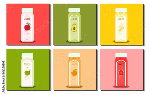 Wallpaper Mural Set of various square juice bottle. Apple, Avocado, Banana, Coconut, Orange, Watermelon. Juice Bottle Collection. Flat design. Vector Illustration. Torontodigital.ca