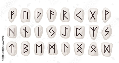 Old runic alphabet or hieroglyphics carved on stones vector flat illustration. Set of scandinavian or anglo saxon runes isolated. Ancient sacral symbols, vikings letters, rune font or script