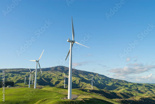 Wind farm under a clear blue sky morning in Te Apiti, New Zealand