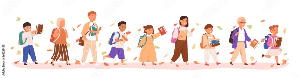 Set of boys and girls going to elementary or middle school vector illustration. Happy pupils holding books surrounded by autumn leaves isolated on white. Collection of children with backpack or bag Set of boys and girls going to elementary or middle school vector illustration. Happy pupils holding books surrounded by autumn leaves isolated on white. Collection of children with backpack or bag
