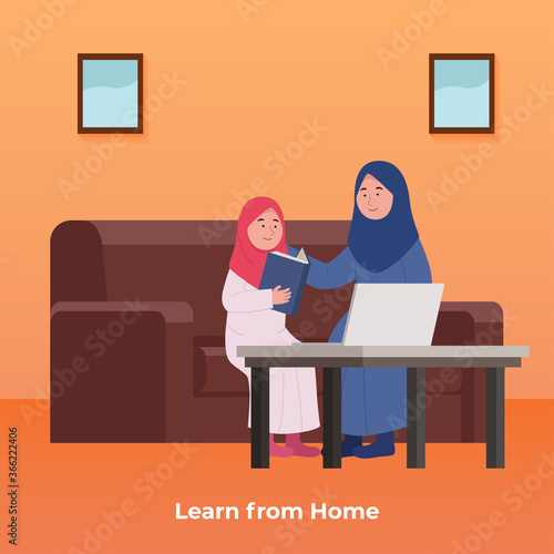 Online Study in Home, Arabian Little Girl Learn With Mother Cartoon Illustration
