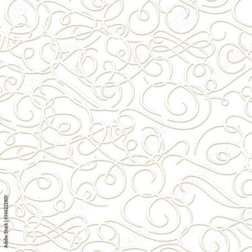 Vector floral seamless pattern, white color, paper art style, swirl lines with shadows.