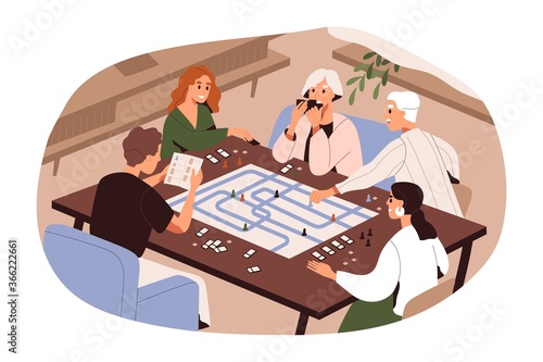 Big family of different generations playing board game vector flat illustration. Grandparents, parents and kid enjoy home leisure activity isolated on white. Happy relatives spending time together