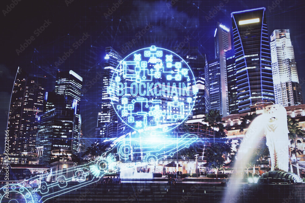 Multi exposure of cryptocurrency theme hologram drawing and city veiw background. Concept of blockchain and bitcoin.