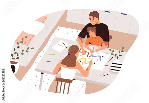 Family drawing picture on paper vector flat illustration. Mother, father and ...