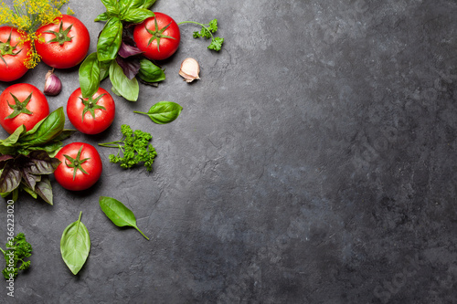 Italian cuisine ingredients. Tomatoes, herbs and spices