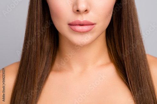 Closeup cropped photo of attractive sensual lady nude shoulders plump perfect shape lips after injecting enhancement fillers ideal contour isolated grey color background photo