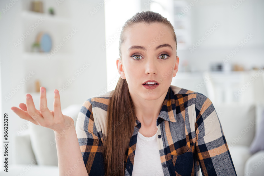 Closeup photo of young worried terrified lady student meeting video call  online lesson study concept webcam talk passing session test exam social  distance quarantine indoors Stock Photo | Adobe Stock