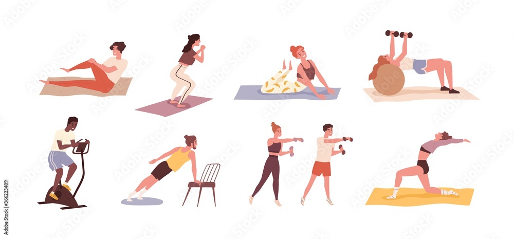 Set of diverse people training with sports equipment vector flat illustration. Collection of man, woman and couples doing exercises with dumbbell, squat, practice yoga and cycling isolated on white