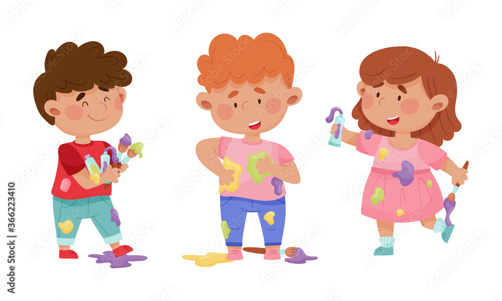 Playful Children in Stained Clothes Holding Paintbrushes and Paints Vector Illustrations Set Playful Children in Stained Clothes Holding Paintbrushes and Paints Vector Illustrations Set