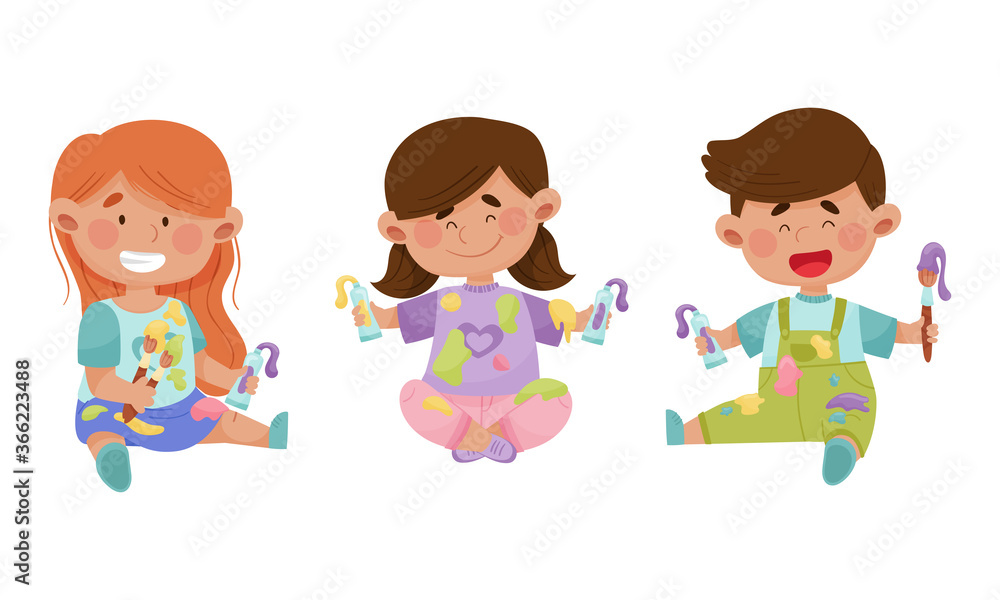 Playful Children in Stained Clothes Holding Paintbrushes and Paints Vector Illustrations Set Playful Children in Stained Clothes Holding Paintbrushes and Paints Vector Illustrations Set