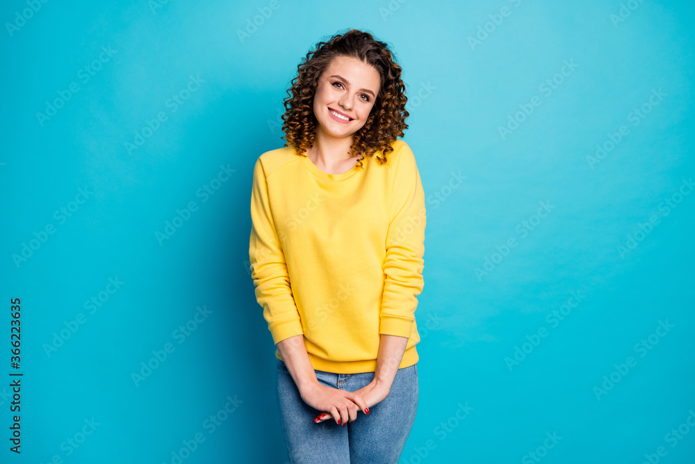 Portrait of her she nice-looking attractive lovely winsome cute pretty charming shy cheerful cheery wavy-haired girl isolated over bright vivid shine vibrant blue color background Portrait of her she nice-looking attractive lovely winsome cute pretty charming shy cheerful cheery wavy-haired girl isolated over bright vivid shine vibrant blue color background