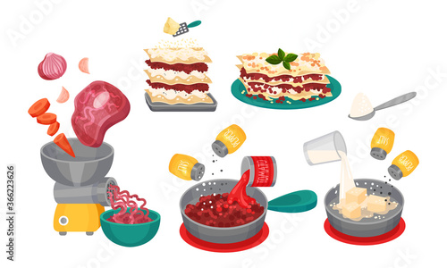 Lasagne Recipe with Step by Step Preparation Vector Illustration