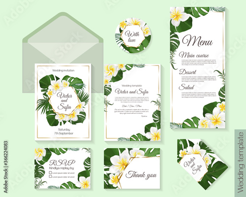 Floral tropical design for your holiday. White frangipani flowers, tropical leaves, palm trees, monstera, golden frame. Template for a wedding invitation. Invitation card, thanks, rsvp, menu.