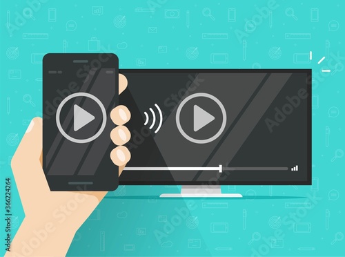 Phone connected to TV streaming and watching video content mobile technology or smartphone cellphone screen sharing multimedia app wirelessly vector flat cartoon illustration
