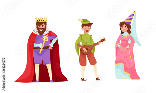 Medieval People King Wearing Mantle and Bard with Musical Instrument Vector Set