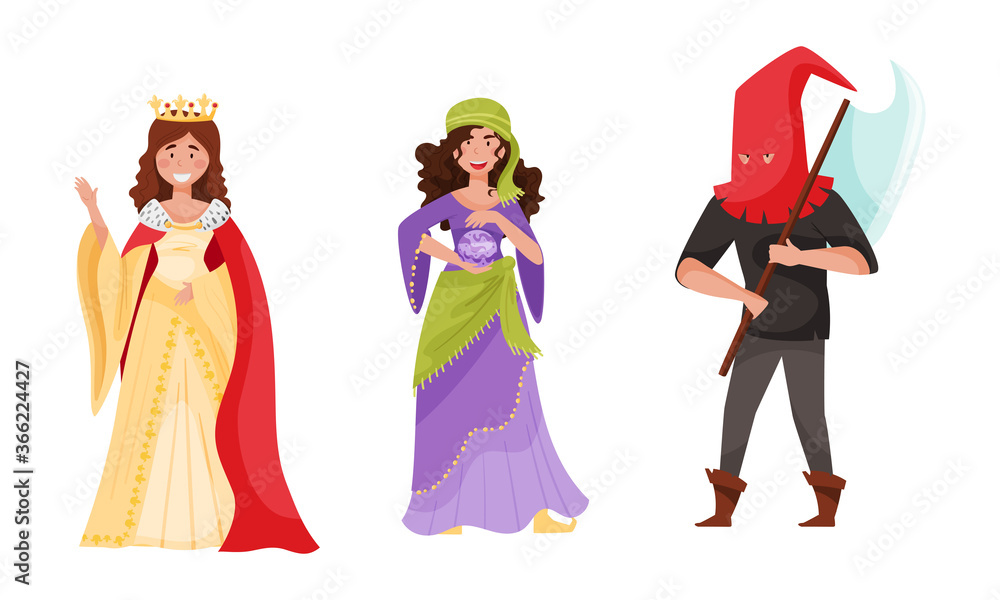 Medieval People with Queen Wearing Mantle and Executor or Headman Vector Set