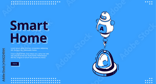Smart home banner. Internet of things technology concept. Vector landing page of house control system with isometric icon of beacon and voice assistant, chatbot with artificial intelligence