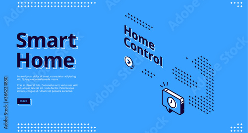 Smart home, internet of things isometric web banner. Display with interface, smart house equipment and service for home control, vector illustration, line art landing page