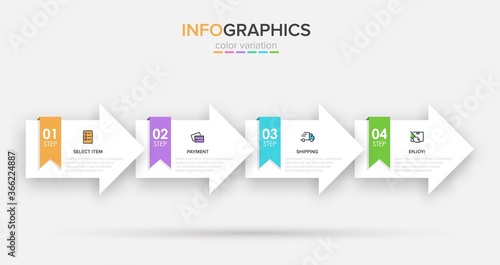 Concept of shopping process with 4 successive steps. Four colorful graphic elements. Timeline design for brochure, presentation, web site. Infographic design layout.