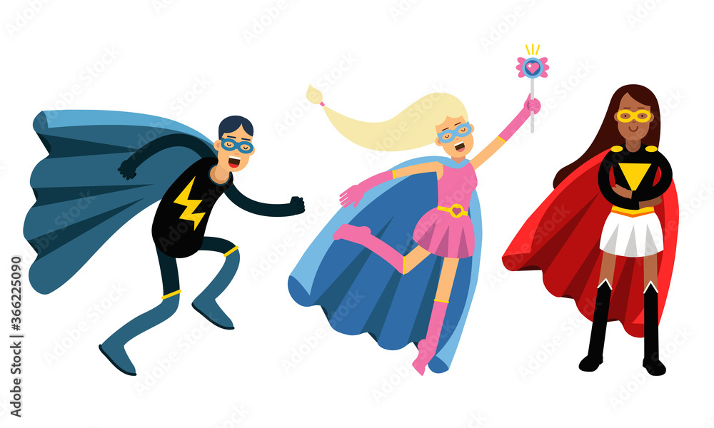Fototapeta premium Man and Woman Characters in Superhero Costumes Standing Vector Illustration Set