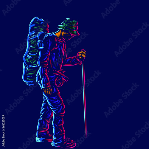 Mountain hikers line pop art potrait logo colorful design with dark background. Abstract vector illustration. Isolated black background for t-shirt, poster, clothing, merch, apparel, badge design