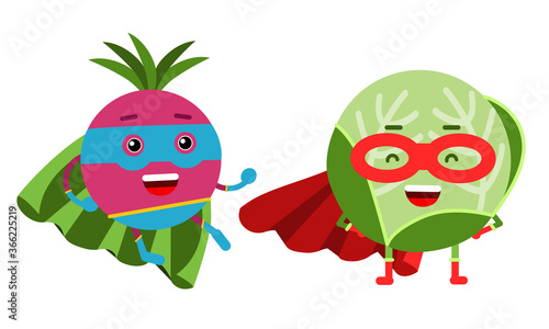 Funny Vegetables Wearing Superhero Cloak Vector Illustration Set